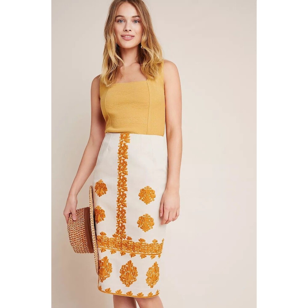 Anthropologie NEW Verona Embroidered Pencil Skirt Women's 14 Tan Orange Boho